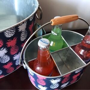 Large Galvanized Metal Beverage Tub & Utensil Caddy, Pineapples, Summer, Patio